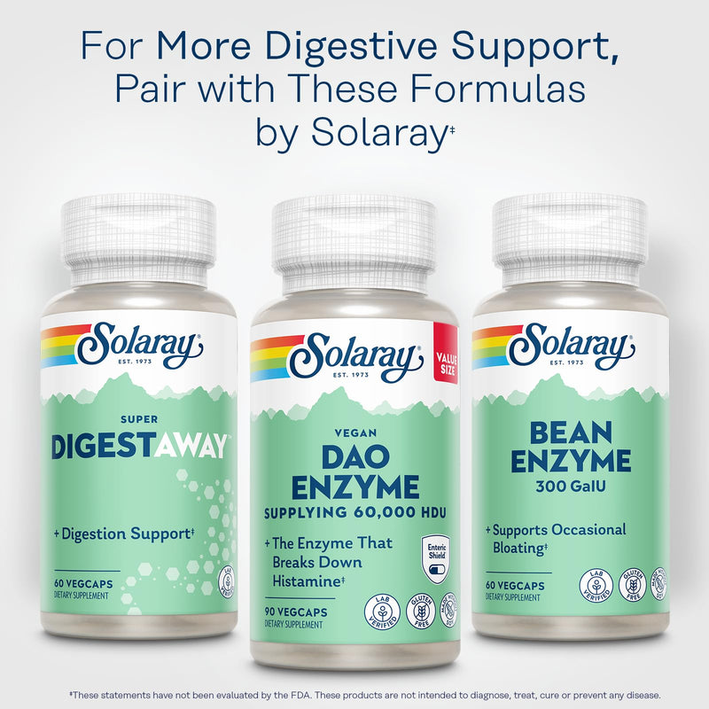 SOLARAY DAO Enzyme 60,000 HDU, 90 VegCaps | Histamine Digestion Support - Plant Based DAO Enzyme - Enteric Coated - 90 Servings - Vegan, Lab Verified 90 Count (Pack of 1)
