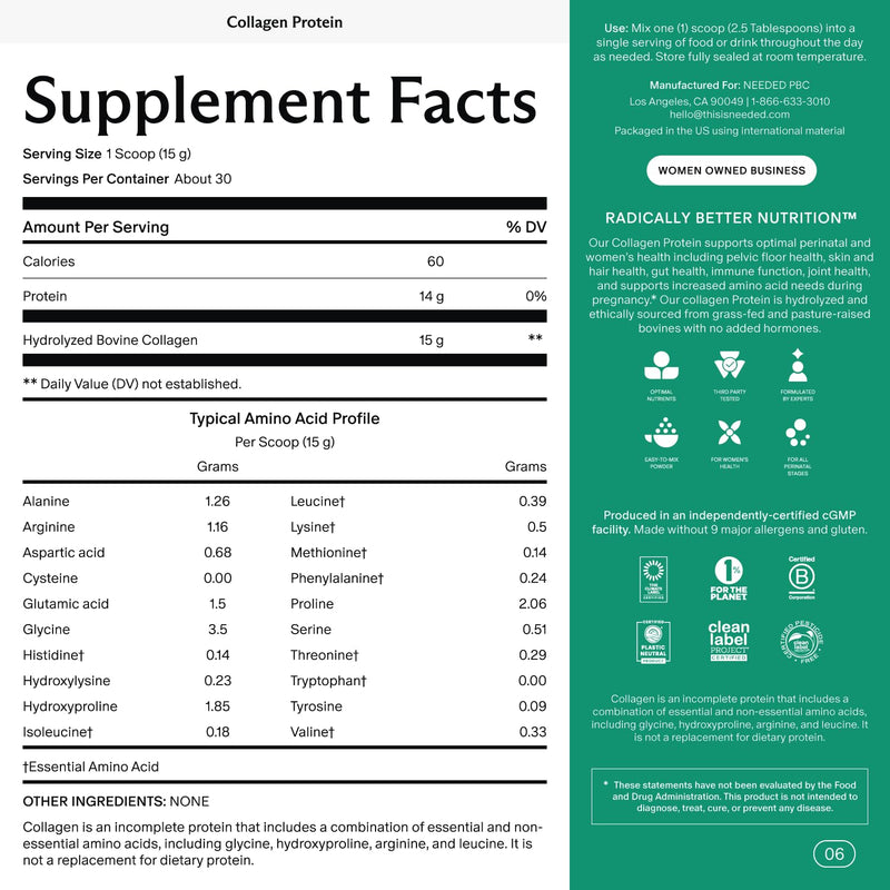 [Australia] - Needed. Hydrolyzed Collagen Protein Powder | Expert-Backed & Clean Sourced | Supports Skin, Hair, Joints | Grass-fed, Pasture-Raised, Hormone-Free | 1lb Unflavored 