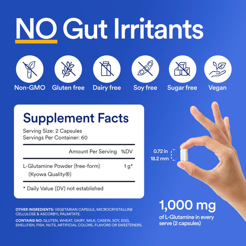 [Australia] - Essential Stacks Gut L-Glutamine Capsules 1000mg (Made in USA) - Gluten, Dairy & Soy Free, Non-GMO L Glutamine for Gut Health - 60 Serves (120 Caps) 