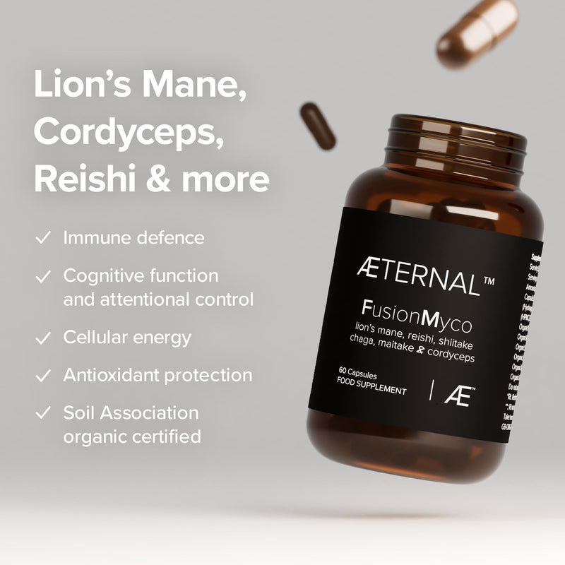 Organic 6 Mushroom Complex | Lion’s Mane Reishi Shiitake Maitake Chaga Cordyceps | Natural Focus Energy & Immune Support | Soil Association Organic | Vegan Non GMO Supplement | 60 Capsules | AETERNAL 60 count (Pack of 1)