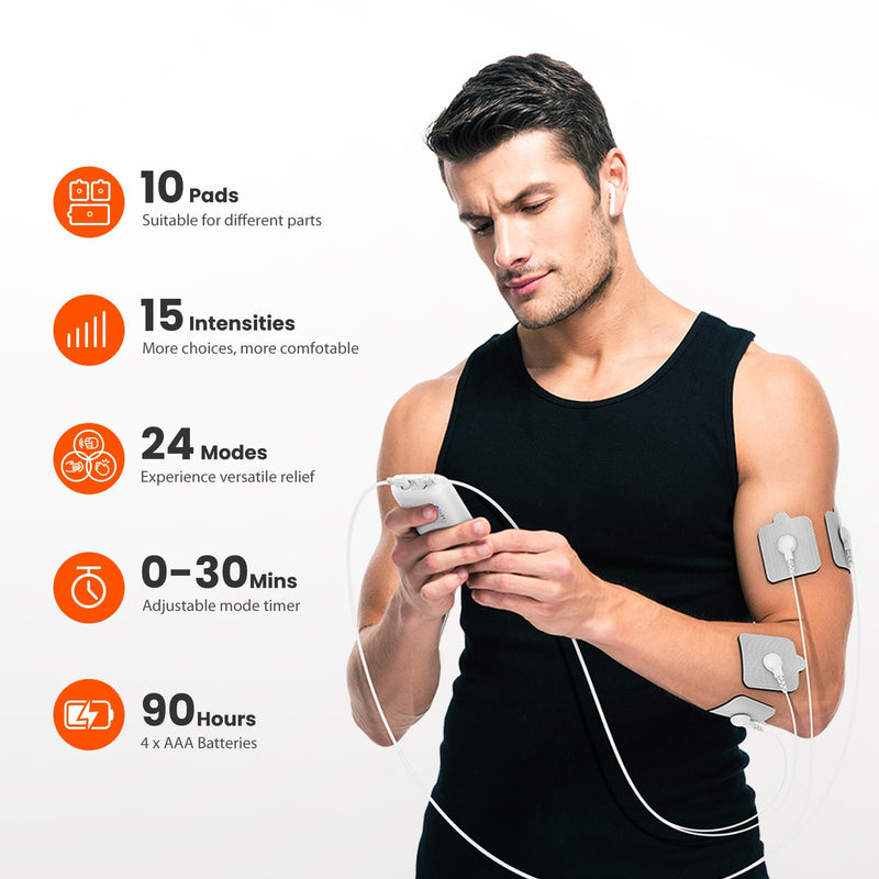 iHealth Dual-Channel TENS Unit Stimulator with 24 Modes & 90-Hour Battery | 15 Intensity Levels, 10 Multi-Size Pads, Adjustable Timer, and Eligibility for Relief at Home or On the Go