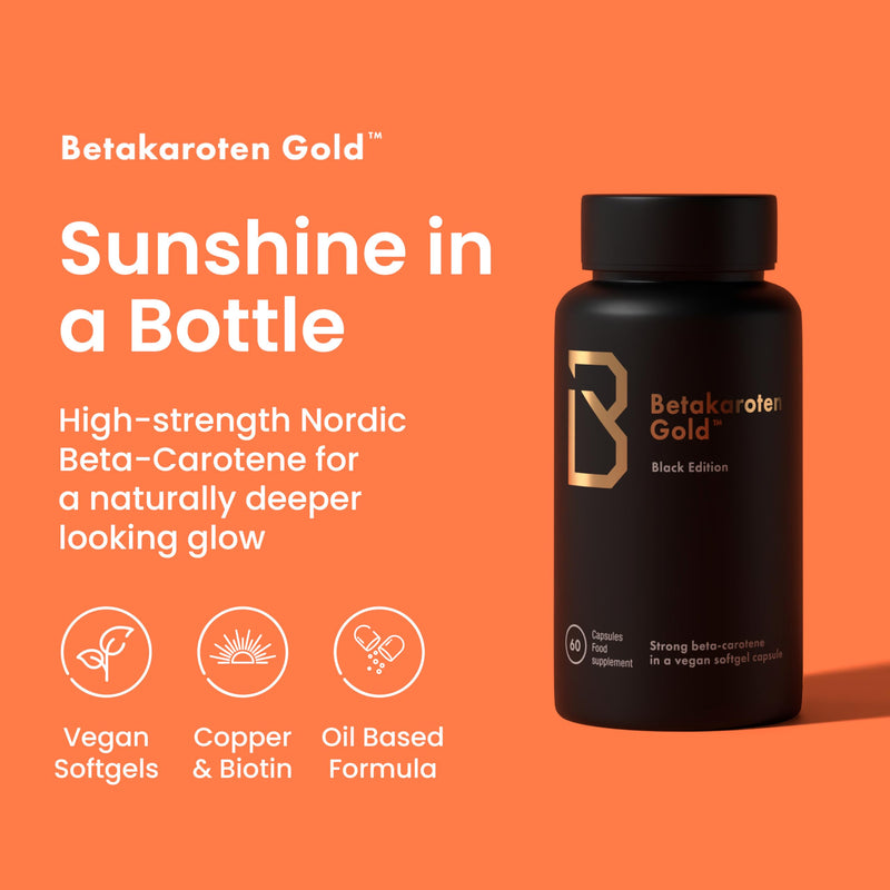 Tanning Tablets Supplement (60 Capsules) | 1 Month Supply of Betakaroten Gold® Black Edition with 15mg Beta Carotene Capsules | High Dose & Premium Nordic Quality Tanning Capsules