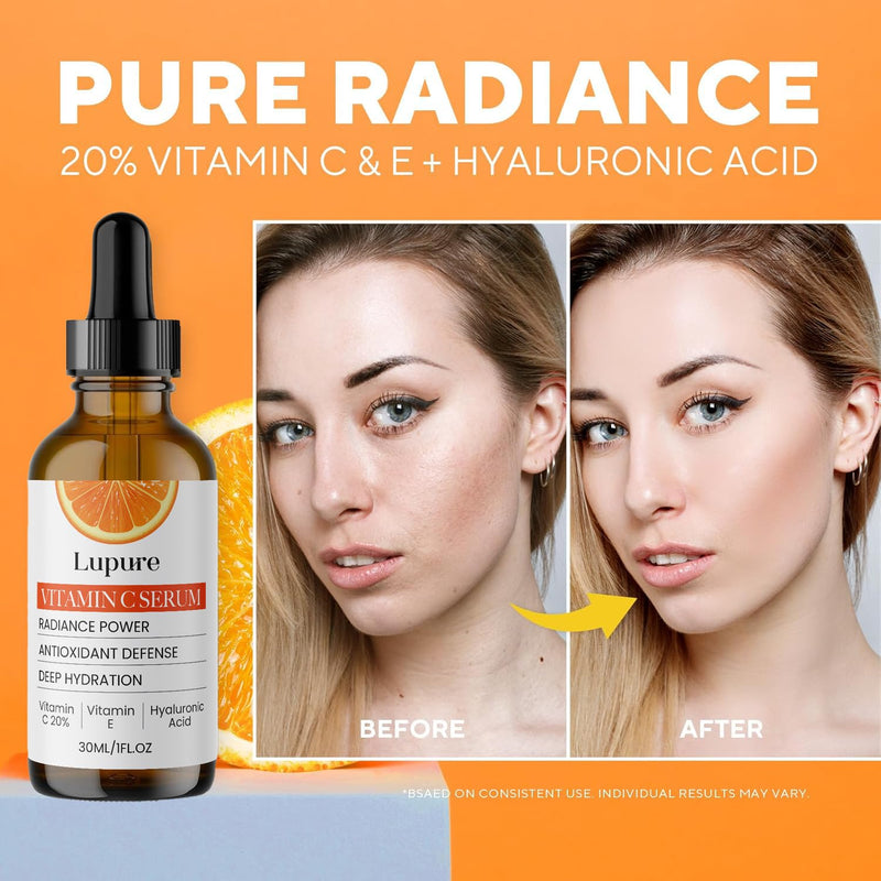 Lupure Professional Vitamin C Face Serum 20%, Anti Aging Facial Super Vit C Serum with Ascorbic Acid Hyaluronic Acid & Vitamin E for Dark Spots, Skin Care, Christmas Gift & Stocking | 1 Fl. Oz 1 Fl Oz (Pack of 1)