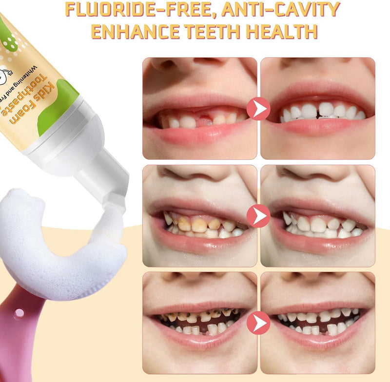 [Australia] - Foam Toothpaste Kids,Toddler Toothpaste with Low Fluoride & Natural Formula to Reduce Plaque, Kids Toothpaste for U Shaped Toothbrush for Children Ages 3 Plus (120 ML, Orange & Strawberry) 1.06 Fl Oz (Pack of 2) 