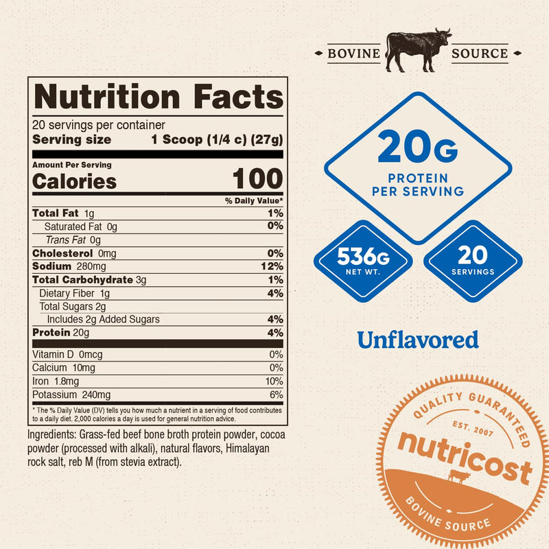 [Australia] - Nutricost Beef Bone Broth Protein Powder Chocolate (20 Servings) - Gluten-Free, GMO-Free 