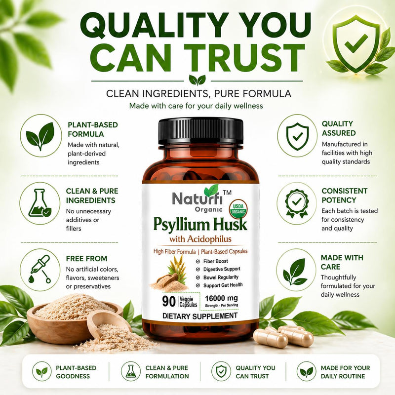 Naturfi Organic - Fibre Supplement 16,000 mg Psyllium Husk with Acidophilus - High Strength - Natural Soluble Fiber Supplement from Plantago Ovata Seeds, Vegan Capsules (270 Capsules (Pack of 3)) 270 Capsules (Pack of 3)