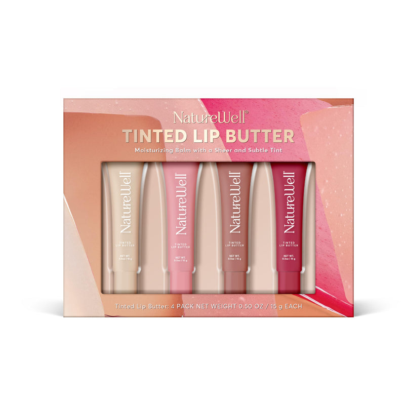 NatureWell Tinted Lip Butter Variety Pack of 4, 0.50 Oz Each | Shear & Subtle Tinted Moisturizing Balms, Vanilla Scented, Lightweight & Non-Greasy, Vitamin E, Shea, & Murumuru Butters