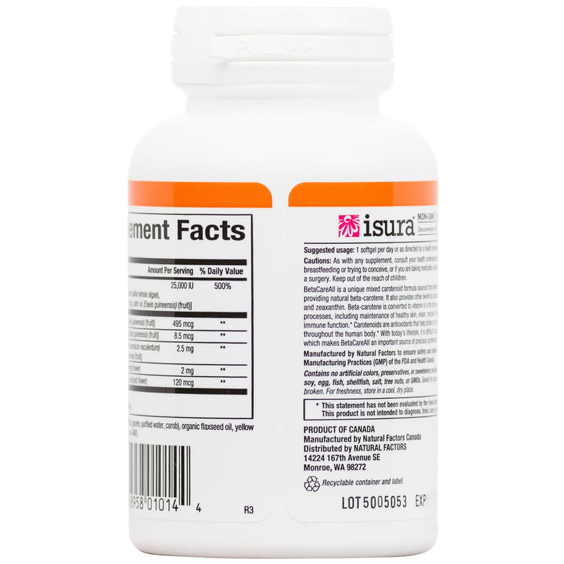 [Australia] - Natural Factors, BetaCareAll 25,000 IU, Vitamin A for Healthy Skin, Vision and Immune Function, 90 Softgels Standard Packaging 