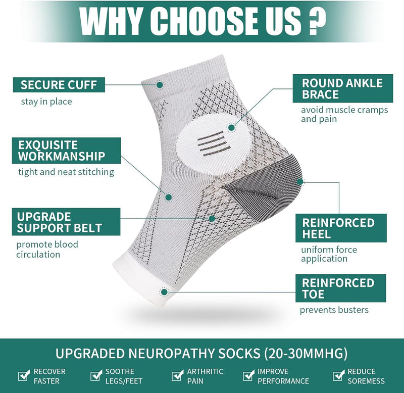 2Pairs Neuropathy Socks for Women Men, Ankle Compression Sleeve,Diabetic Neuropathy Sock,Soothe Pain Relief Compression Socks for Plantar Fasciitis and Ankle Swelling Gray XL X-Large