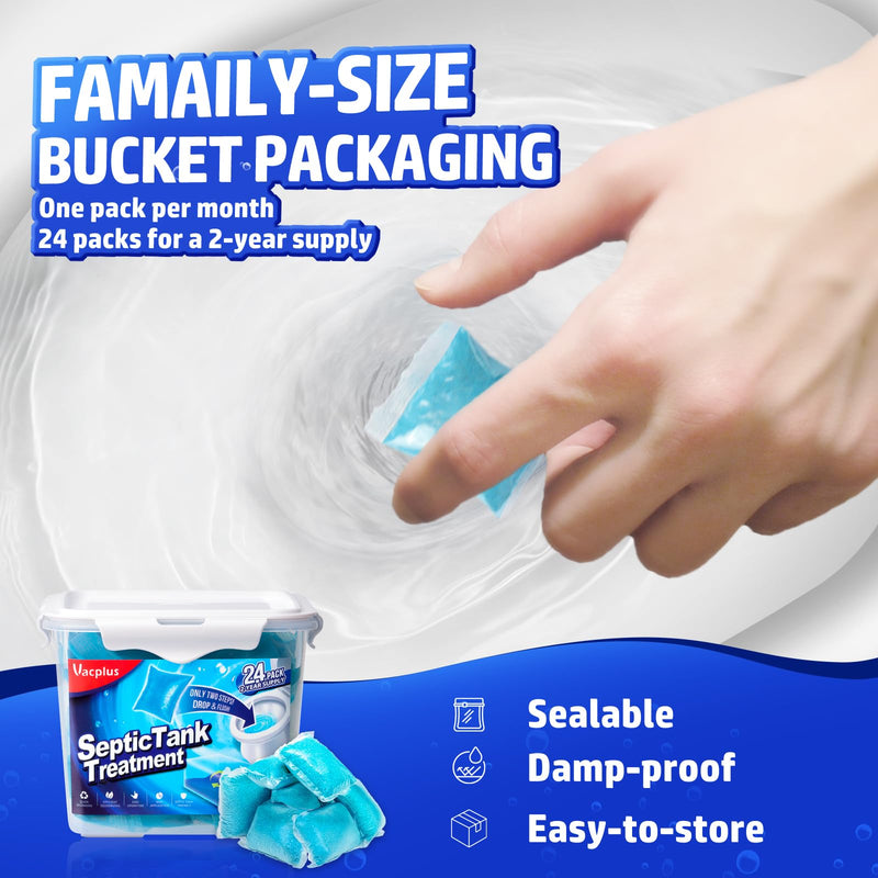 [Australia] - Vacplus Septic Tank Treatment - 24 Packs for 2-Year Supply, Bucket-Packed Septic Tank Treatment Packets, Dissolvable & Flushable Septic Tank Treatment Enzymes with Easy Operation for Wastes & Odors 