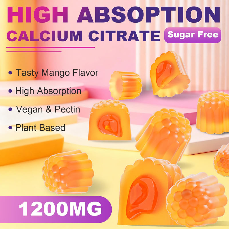 Calcium Citrate 1200mg with Vitamin D3 Gummies, 60 Count | Chewable Calcium Supplements for Women & Men, with Vitamin K2, Magnesium & Zinc Citrate, Mango Flavor