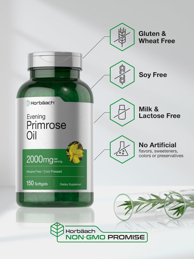 Horbäach Evening Primrose Oil Capsules 2000mg | 150 Softgels | Hexane and Solvent Free Pills | Cold Pressed Supplement with GLA | Non-GMO, Gluten Free