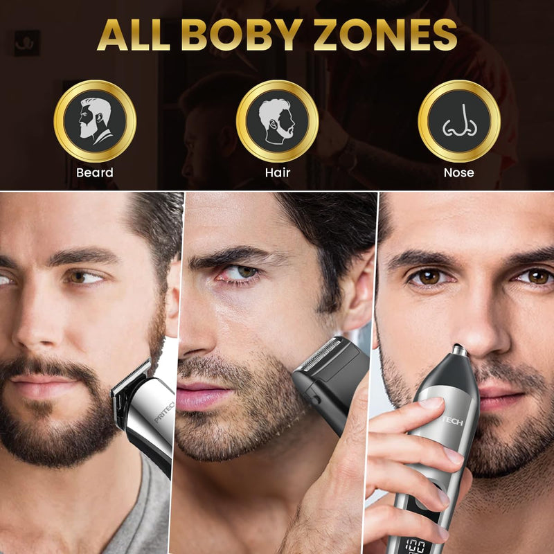 [Australia] - PRITECH Beard Trimmer for Men, 3 in 1 Hair Clipper for Men, Nose Hair Trimmer, Micro Shaver, Men's Grooming Kit, Wireless Electric LED Display, IPX6 (Silver) 