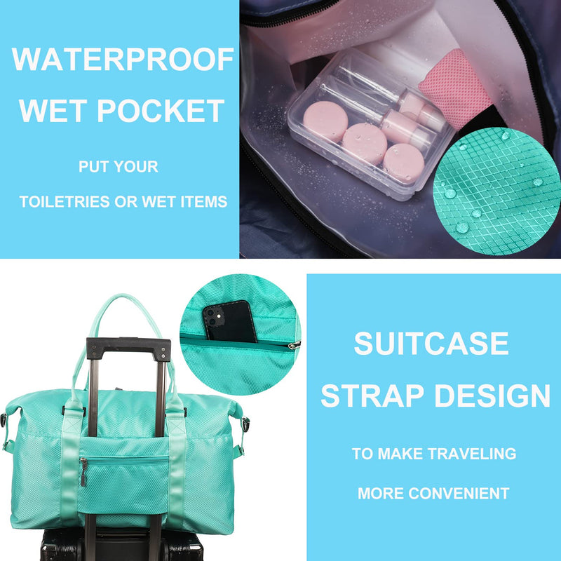 Travel Duffle Bag, Waterproof Sport Tote Gym Bag for Women Men, Overnight Weekender Carry On Bag with Wet Pocket Teal