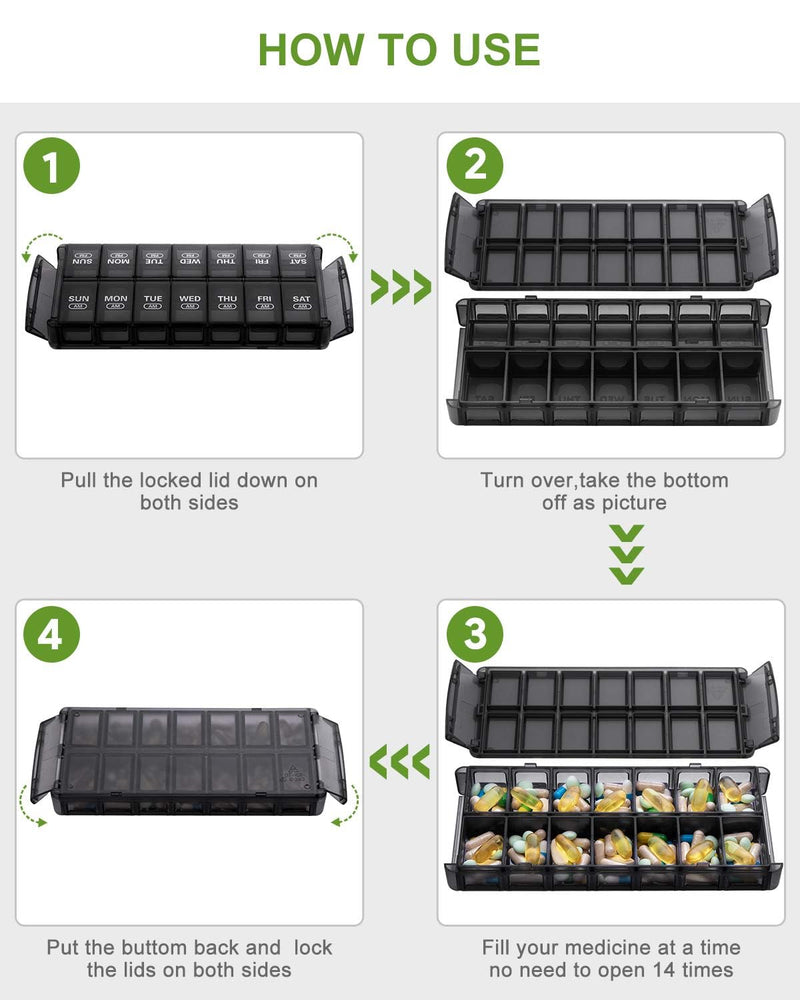 Sukuos Weekly Pill Organizer 7 Day 2 Times a Day, Quick Fill Daily Pill Box (AM PM), Extra Large Pill Cases for Vitamin/Fish Oil/Supplements, Arthritis Friendly, Easy to Clean Black