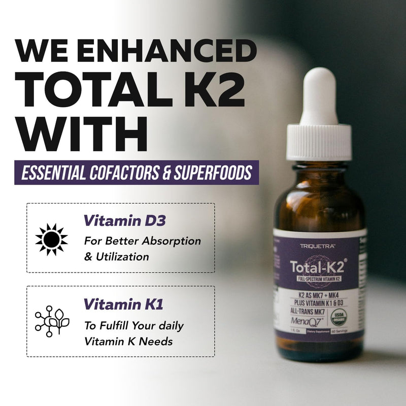 Total K2® | Vitamin K2 as MK7 & MK4 | Plus K1 & Vitamin D3 Cofactor - 620 mcg K2 per Serving - All-Trans MK7 from MenaQ7® - Full-Spectrum Vitamin K - Vegan, Organic Certified (Liquid 1 oz) 1 Ounce (Pack of 1)
