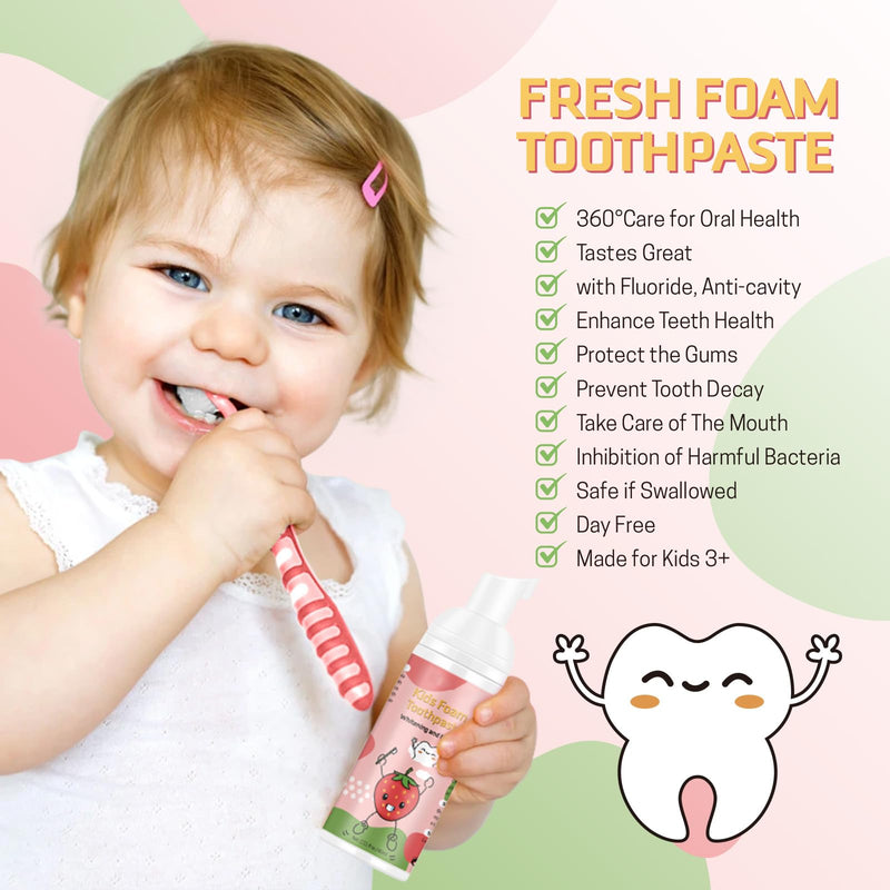 Foam Toothpaste Kids, Toddler Toothpaste with Low Fluoride, Kids Toothpaste, Foam Toothpaste for Children Ages 3 Plus (2PCS, Strawberry) 4.22 Fl Oz (Pack of 1)