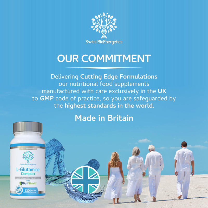 L-Glutamine Complex with Butyric Acid, Glucosamine (N-Acetyl-D), Marshmallow Root, Slippery Elm Bark, Liquorice Root, Chamomile Flower, Mastic Gum, Quercetin & Zinc - UK Made and No Artificial Nasties