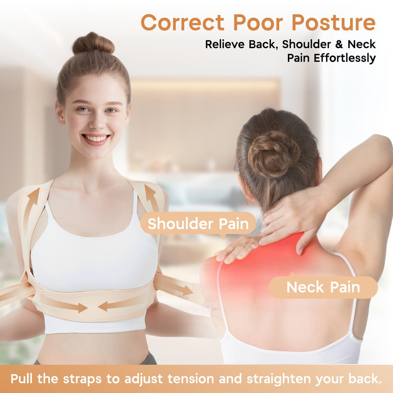 Back Brace Posture Corrector for Women and Men, Adjustable Upper Back Support with Shoulder Brace & Back Straightener, Relief for Clavicle, Neck & Shoulder Pain (Small, Beige) S