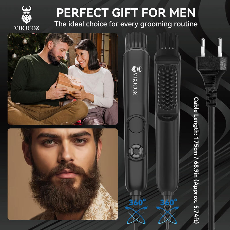 [Australia] - VIKICON 3 in 1 beard straightener brush for men, professional beard comb with volumizer, 4 heat settings (120-220℃) beard straightener, ion beard straightener brush for home/travel, beard and hair styling 