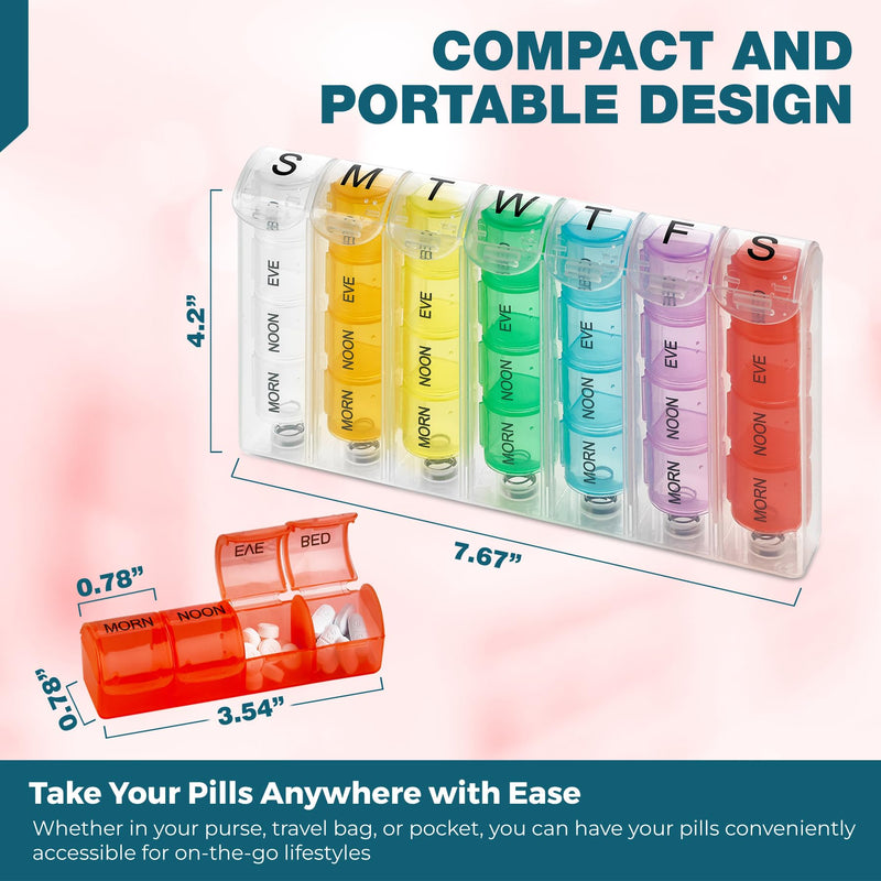 Weekly Pill Organizer - Pill Planners for Pills and Vitamins Day Week, 4 Times-a-Day Medication Reminder, AM PM Compartments Monday to Sunday for Travel or Purse 1 Multi 1 Count (Pack of 1)