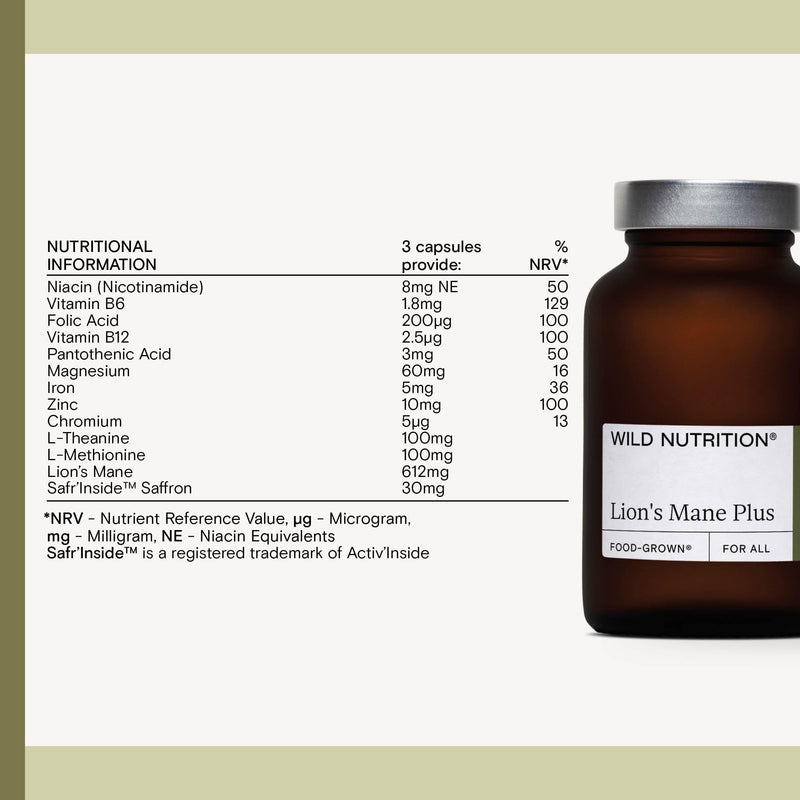 WILD NUTRITION Lion's Mane Plus with Safr’Inside Saffron | Food-Grown Ingredients | Focus and Mental Performance, Cognitive Function, Emotional Wellbeing and Inner Balance