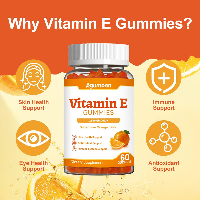 2 Pack Vitamin E Gummies,400 IU VIT E Supplements for Women Men | 268mg Vitamin E Supplements for Women and Men,Skin,Eye Health and Antioxidant support,Orange Flavor,120 Count