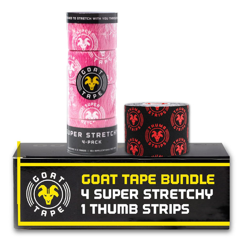 Goat Tape Pink Super Stretchy Premium Thumb Tape (4-Pack) and Pre Cut Black Athletic Tape for Fingers - Extra Sticky Elastic Athletic Thumb Tape for Weightlifting