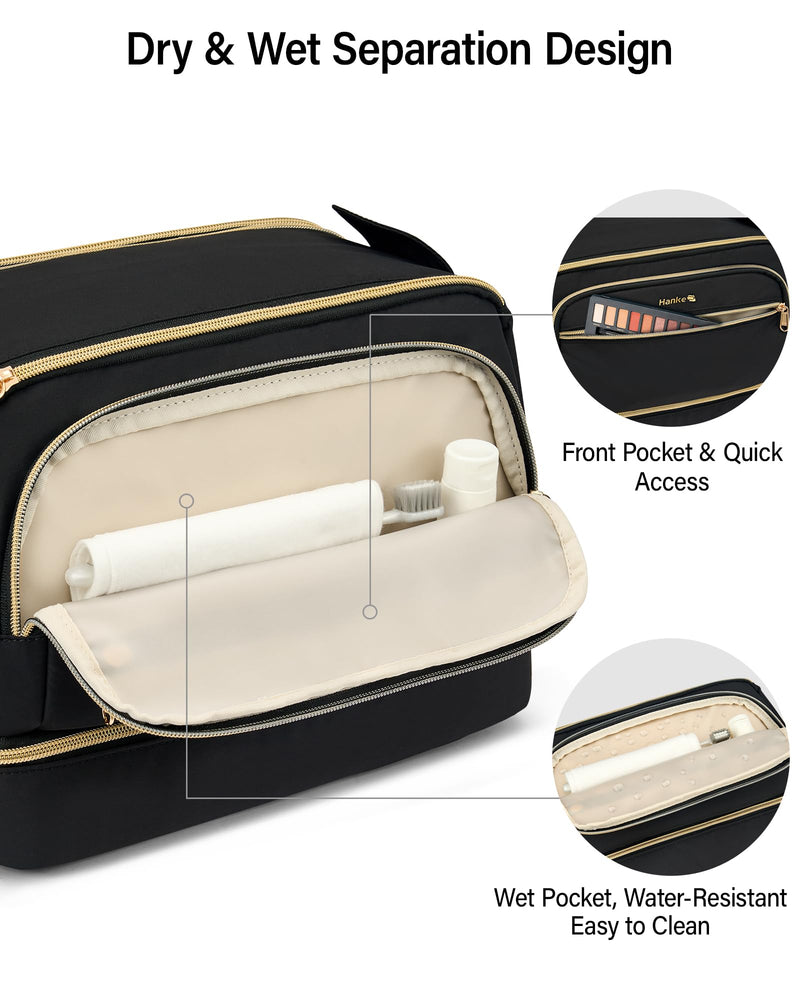 Hanke Travel Toiletry Bag, Lightweight Wide-open Makeup Bag, Dual-Layer Travel Bag for Toiletries Water-Resistant Cosmetic Bags Large Toiletry Bags for Women & Men, Travel Essentials, Black