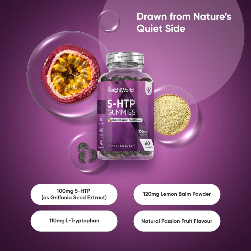 WeightWorld 5 HTP Supplement - 330mg per Serving - 60 Gummies - with Lemon Balm & L-Tryptophan - 2 Gummies a Day - 1 Month Supply - Natural Passion Fruit Flavour - 5-HTP Supplement - Vegan-Friendly