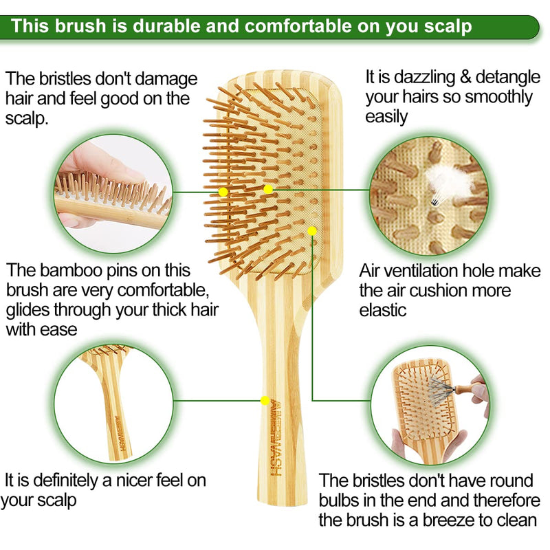 Bamboo Hair Brush Comb Set for Women, Wooden Paddle Detangling Brush for Thick Thin Curly Straight Wavy Fine Hair, Wide Tooth & Tail Comb Great for Wet or Dry Use, Hairbrush Cleaning Tool Included Large paddle hairbrush + Cleaner rake + 2 Comb