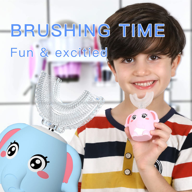 [Australia] - Kids Electric U Shaped Toothbrush Children Rechargeable Sonic Toothbrush with 4 Brush Heads Full Mouth 6 Cleaning Modes - (Age 2-7 Blue) Blue Elephant（Ages 2-7） 
