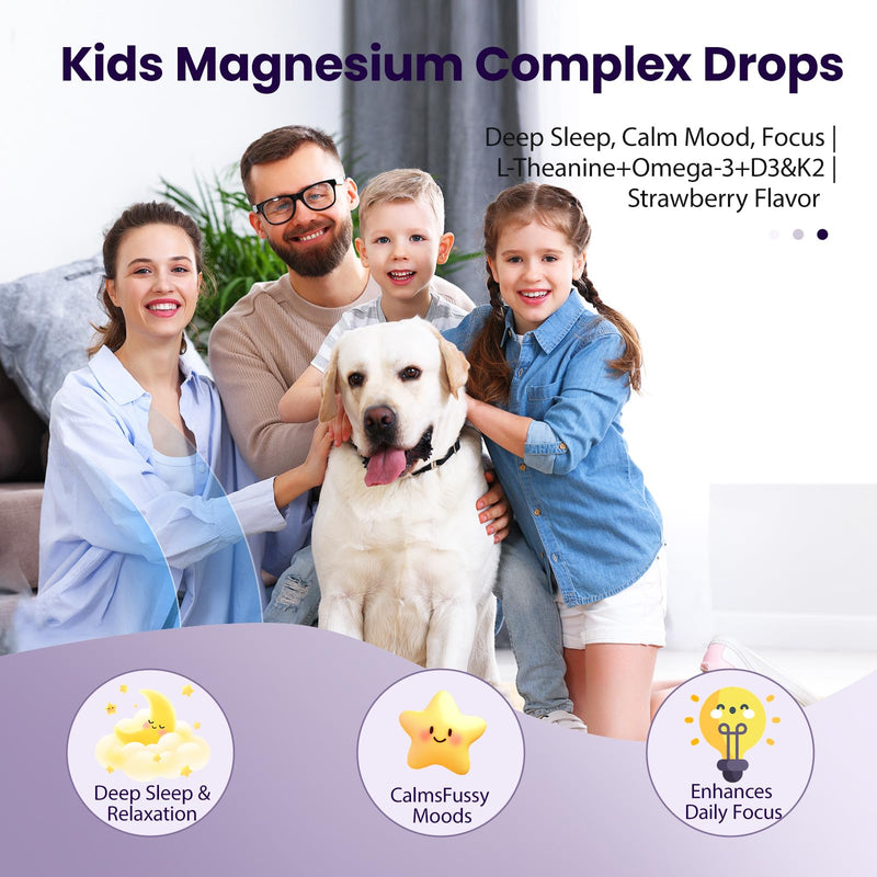 Kids Magnesium Glycinate Liquid Drops - Strawberry 2 Fl Oz | W/L-Theanine, Omega-3, B6, D3 | Calm Sleep Relaxation Brain Bone Support