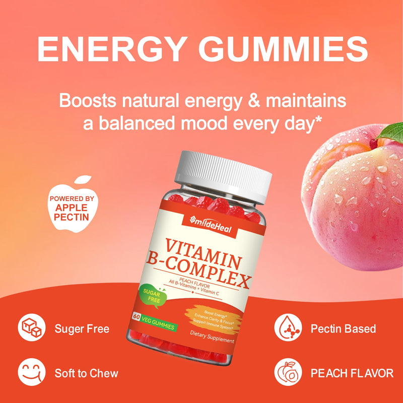 Vitamin B Complex Gummies for Women & Men - All B Complex & B12 - 60 Gummy | Vitamin B12, B1, B2, B3, B5, B6, B7 & B9 with Vitamin C & Choline - Energy & Immune Support* - Vegan, Peach Flavor 60 Count (Pack of 1)