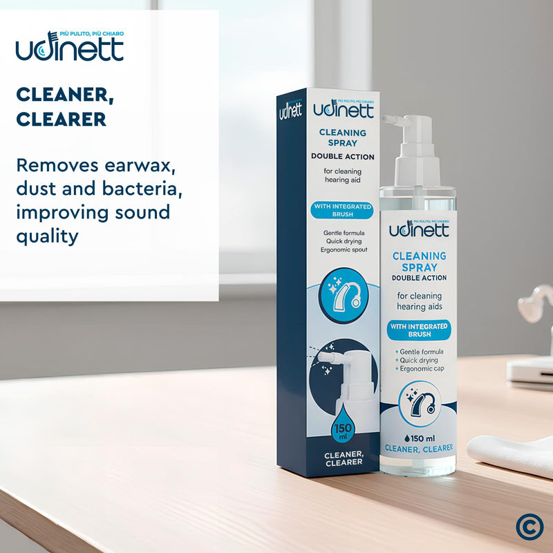 Hearing Aid Cleaning Spray 150ml with Included Brush - Udinett Sanitizer for Cleaning Earphones Bluetooth Headphones - Eliminates Earwax and Dirt with Immediate Effect Alcohol-Free Formula