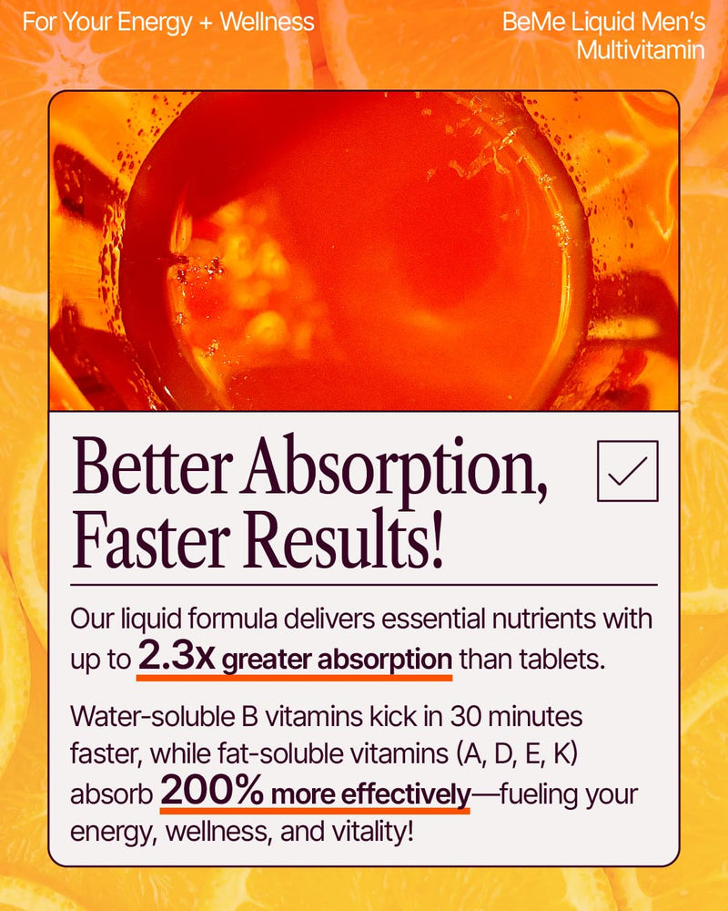 BeMe Liquid Multivitamins for Men - Advanced Liquid Delivery System with 13 Vitamins & Minerals - Tear & Go Sachets, Non-GMO, Orange Flavor (30 Sachets) Orange - Men 21 Fl Oz (Pack of 1)
