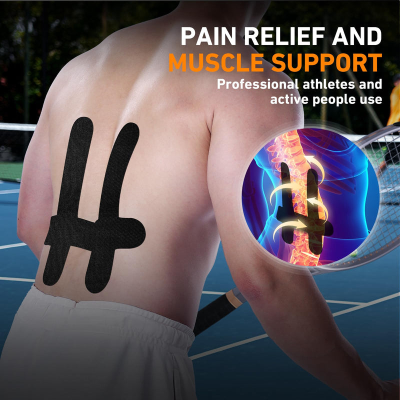 PreCut Kinesiology Tape for Lower Back, 12PCS Kinesiology Tape Precut for Lower Back, KTQUICK Original Cotton Waterproof&Breathable Latex-Free, Enhance Elastic Athletic Tape for Support Muscle(Black) Black