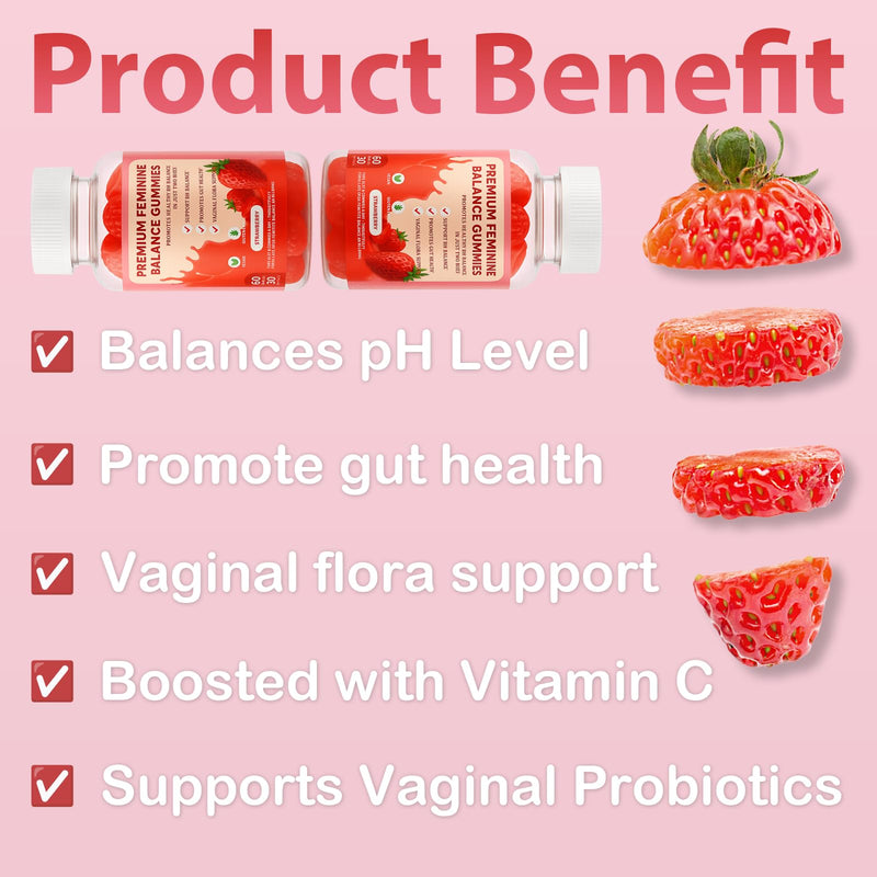 Vaginal Probiotic Feminine Gummies for Women – pH Balance Support & Vitamin C, Strawberry Flavor, Vegan, Sugar-Free, Non-GMO, 60 Gummies (30 Servings)