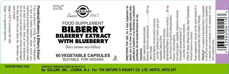 Solgar Bilberry Berry Extract with Blueberry Vegetable Capsules - Pack of 60 - Antioxidant - Supporting Daily Wellbeing -Vegan and Gluten Free