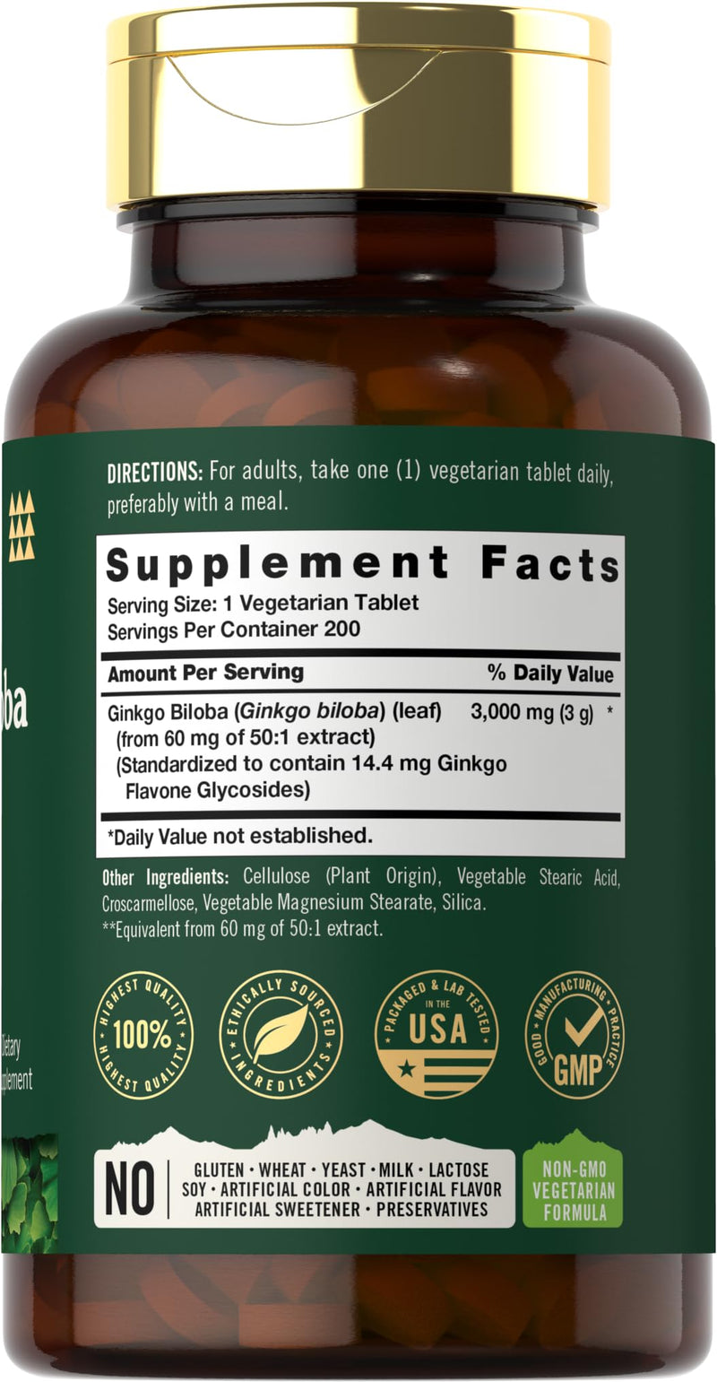 [Australia] - Carlyle Ginkgo Biloba | 3000mg Per Serving | 200 Tablets Extra Strength | Vegetarian | Non-GMO & Gluten Free Supplement | Tahoe Nutritionals 200 Count (Pack of 1) 