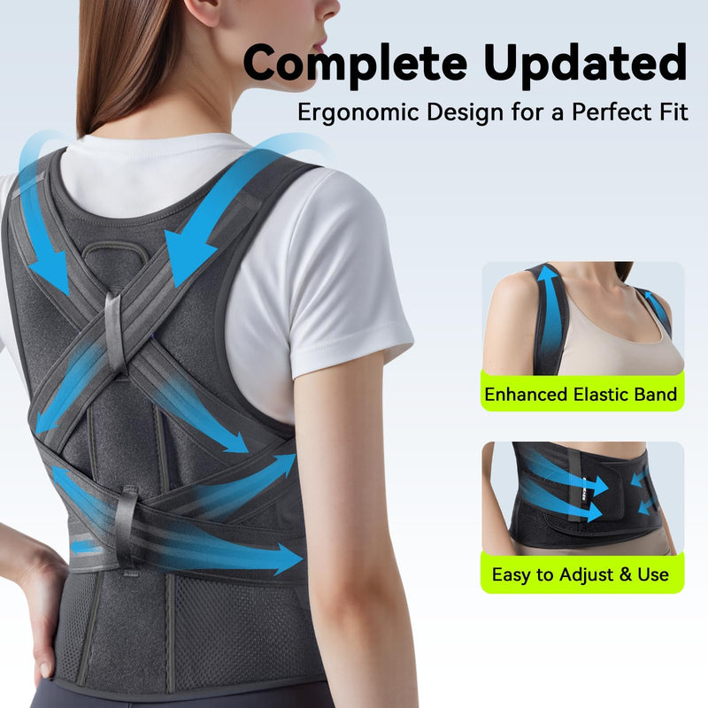 [Australia] - Posture Corrector for Women & Men, [Upgraded Support & Breathable Mesh] Adjustable Back Brace, Full Back Support, Shoulder Straightener for Back Pain Relief, Scoliosis, Hunchback & Spine Alignment Large Black Gray 
