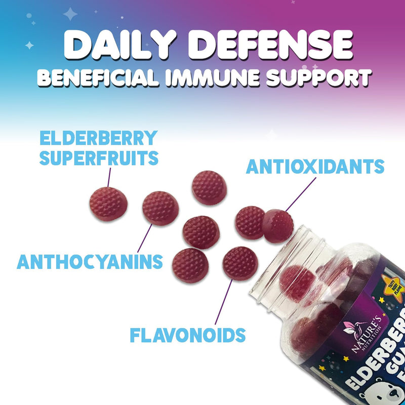 Kids Immune Support Elderberry Gummies - Daily Children's Vitamins C, Zinc & Kids Support Gummy - Nature's Sambucus Elderberry Supplement, Vegan, Gluten-Free, Tasty Berry Flavor - 120 Gummies 120 Count (Pack of 1)