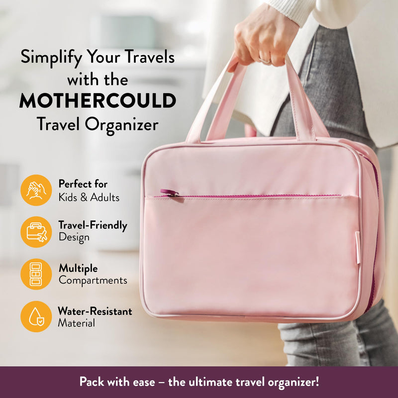 Kids Travel Organizer – Multi-Compartment, Water-Resistant Hanging Bag for Toys, Snacks, & Activities - Compact, Lightweight Design with Hook & Carry Handle - Perfect for Travel Use (Pink, Large) Pink