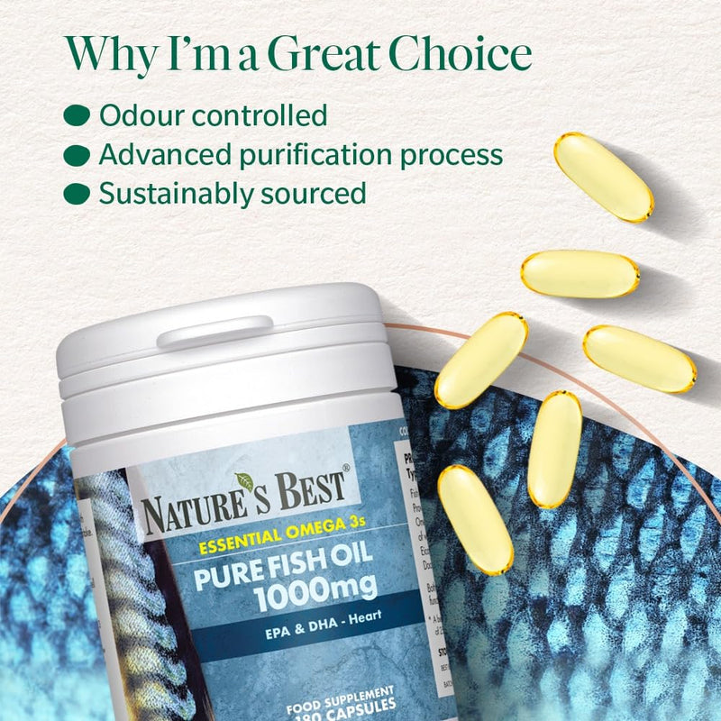 Nature's Best Pure Fish Oil Capsules High Strength (1000mg) - Essential Omega 3 Fish Oil with EPA 360mg and DHA 240mg - UK Made - 180 Capsules (Up to 6 Months' Supply) 1000 mg 180 Count (Pack of 1)