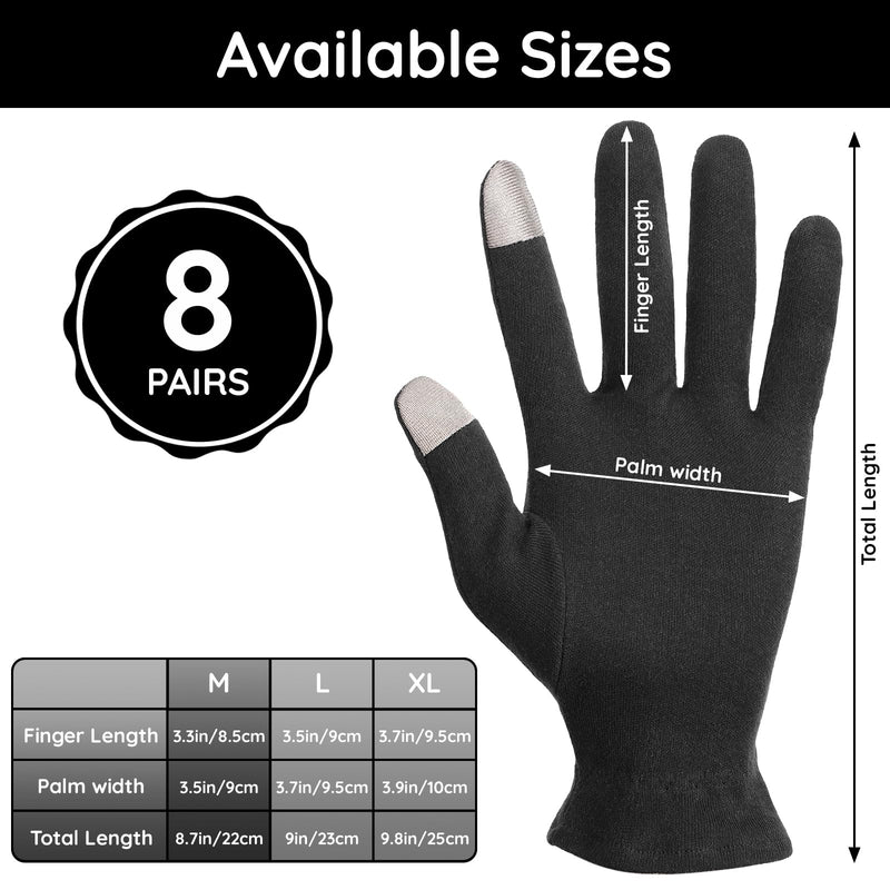 [Australia] - Segbeauty 16 Counts Elastic Cotton Work Gloves Black with Touchscreen Fingers, 8 Pairs Sleep Moisturizing Lotion Gloves Overnight for Women with Elastic Band, Spa Cotton Working Glove for Hand Care Medium 16.0 