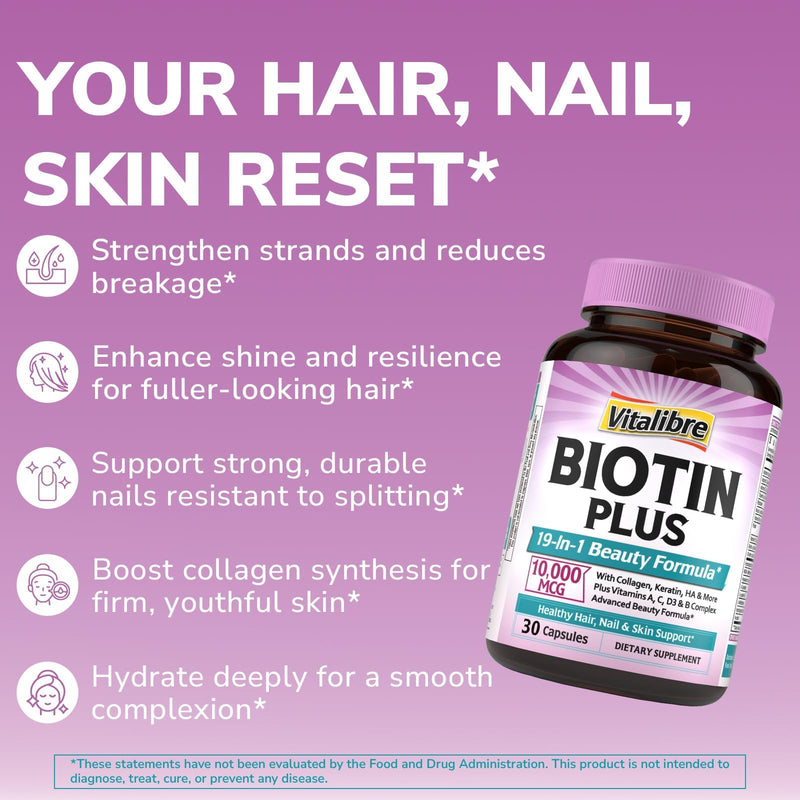Vitalibre Biotin 10000mcg, Vitamin B7, Hydrolyzed Keratin, Hyaluronic Acid, Collagen, Amino Acids, MSM, Vitamins A, C, D3, B Complex, Hair, Nail, Skin, for Men and Women, 30 Caps 30 Count (Pack of 1)
