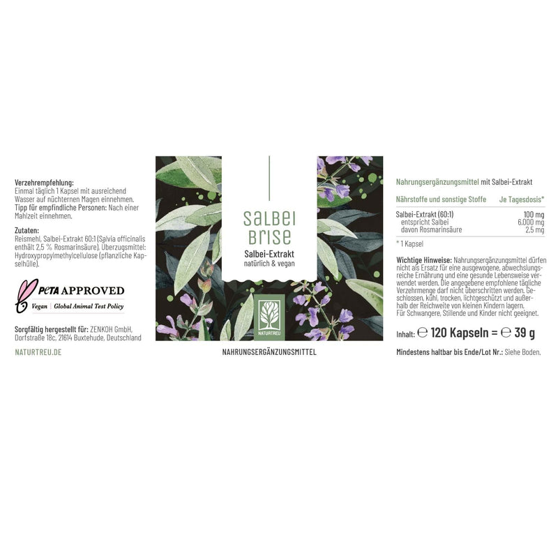[Australia] - NATURTREU® sage capsules high dosage - 6000mg sage per capsule - sage extract (60:1) - 120 capsules vegan & laboratory tested 