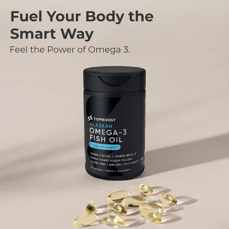 TopBoost Omega-3 Fish Oil 1250 - Triple Strength Fish Oil Supplement from Wild Alaska Pollock - Sustainable · Non-GMO · Soy Free - 90 Softgel Capsules
