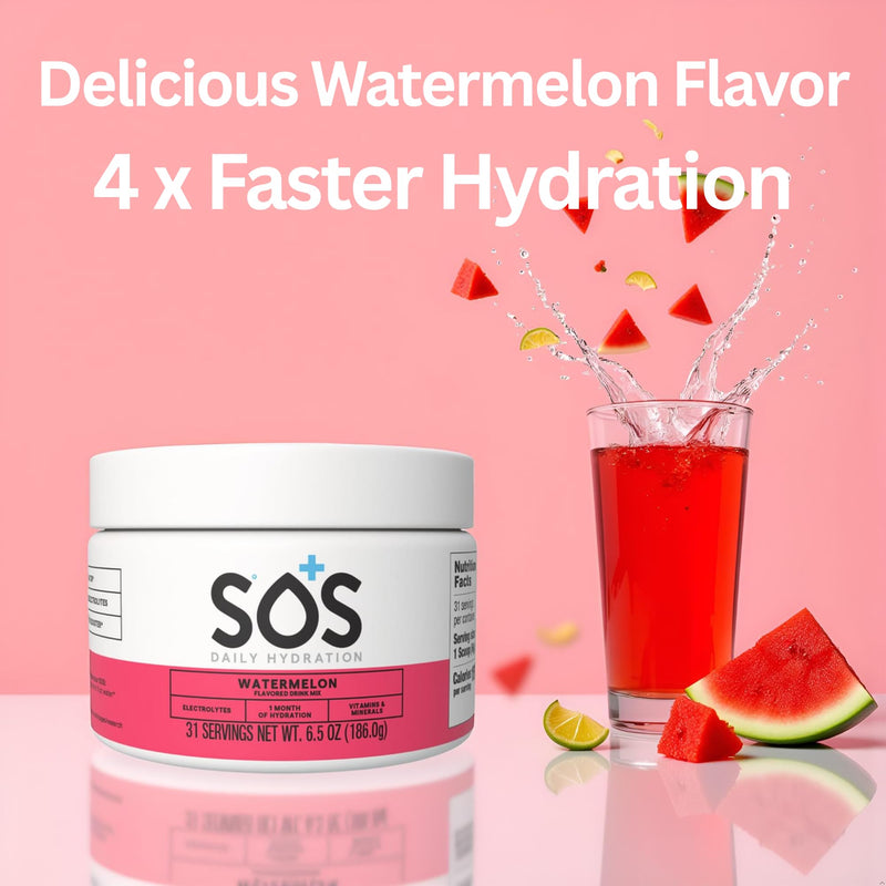 SOS Hydrating Electrolyte Powder (Watermelon Flavour - Bulk 31 Servings) Best Fast Acting, Low Calorie Rehydration Sports Drink