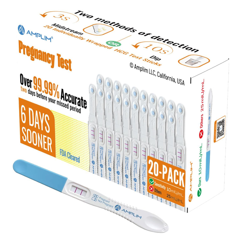 Amplim Early Result Pregnancy Test Sticks | 6 Days Early Detection Pregnancy Tests at Home, 99.99% Accurate, Ultra Sensitive 10 MIU/ml, | Fertility HCG Midstream/Dip Rapid Test (20-Pack) 1 Count (Pack of 20)